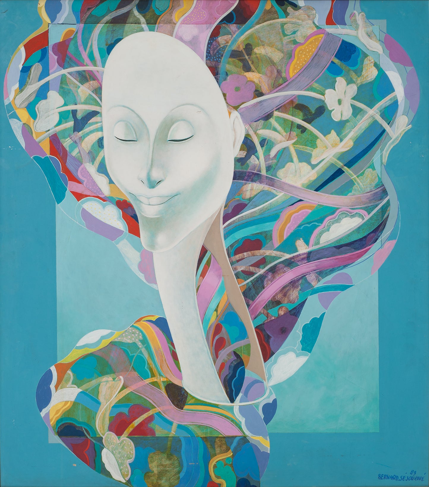 Bernard Sejourne (1947-1994) 24"x21" Lady mirando a la espalda 1993 Acrílico sobre Masonite Pintura sin marco #1CS