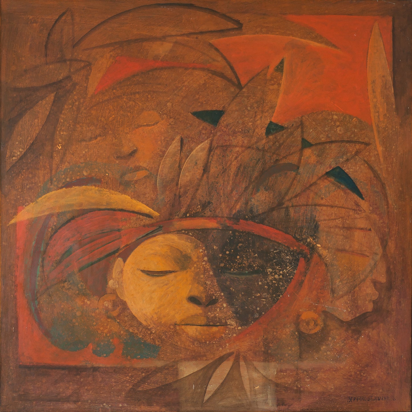 Bernard Sejourne (1947-1994) 44"x44" Abstract in Orange 1976 Acrylic on Board Unframed Painting #37-3-96GSN-Foundation Marie & Georges S. Nader
