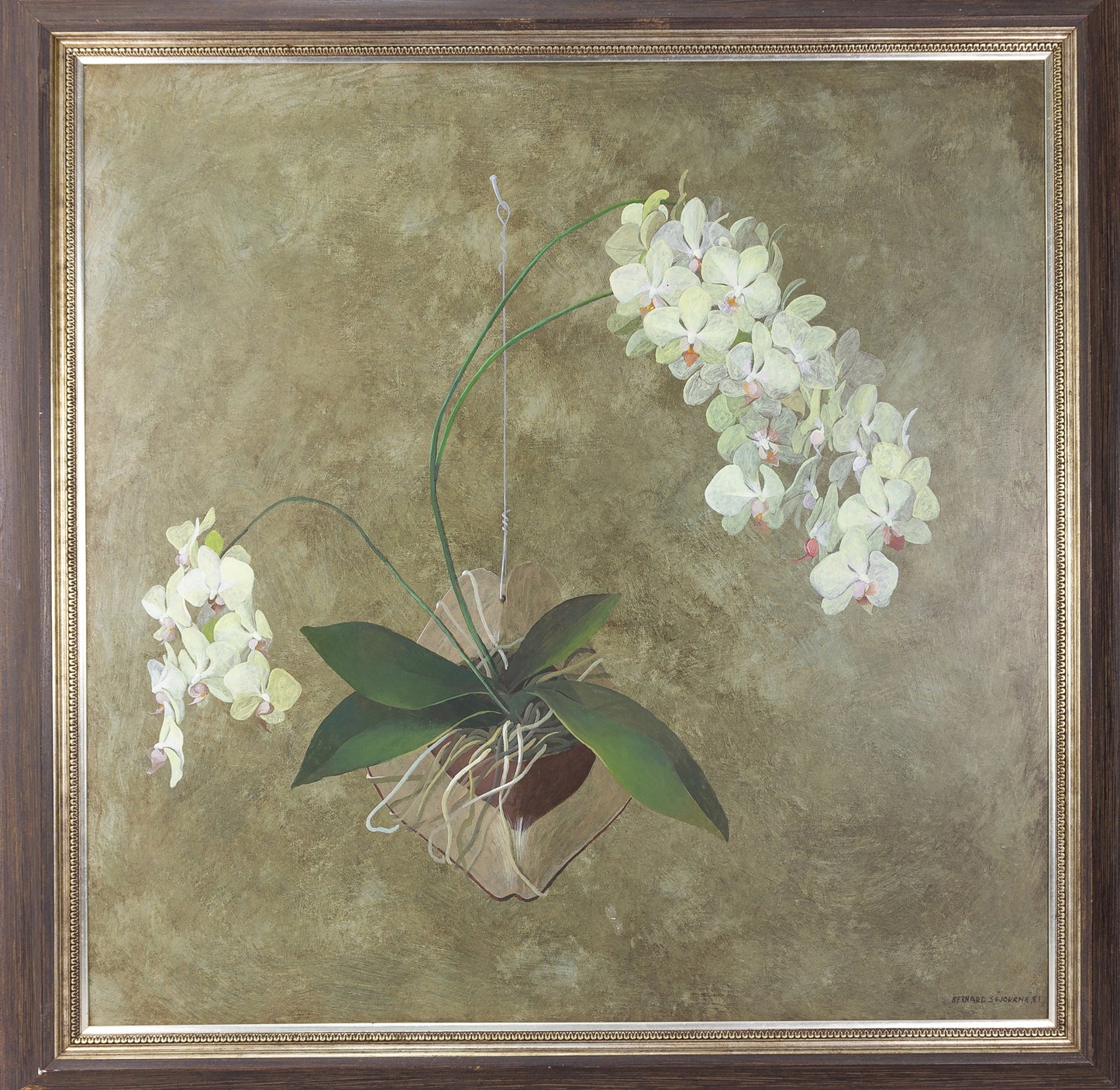 Bernard Sejourne (1947-1994) 47 ½" x 47 ½" White Orchids 1981 Acrylic on Board Framed Painting #26SS