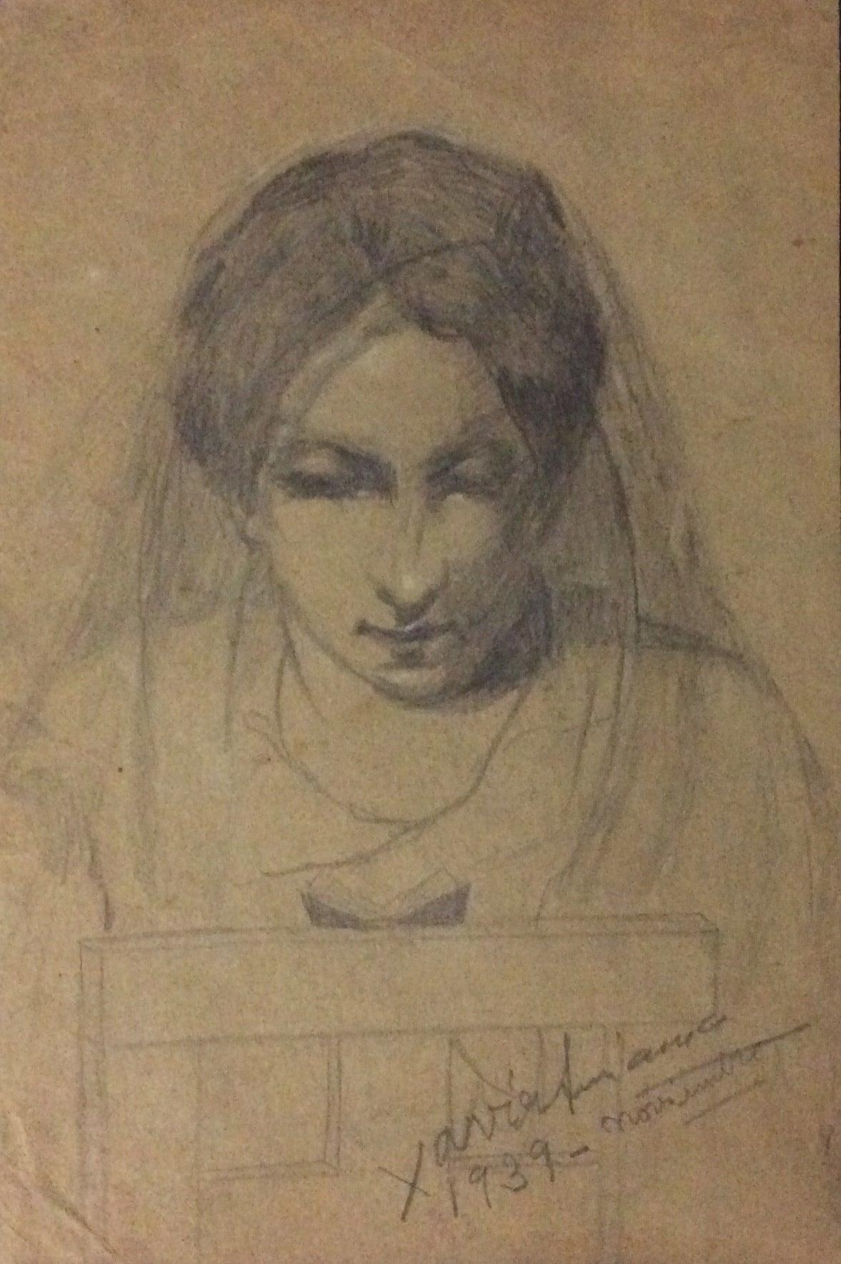 Xavier Amiama (1910-1969) 10.5"x7" El comulgante 1939 Dibujo a lápiz y tinta sobre papel #1MFN