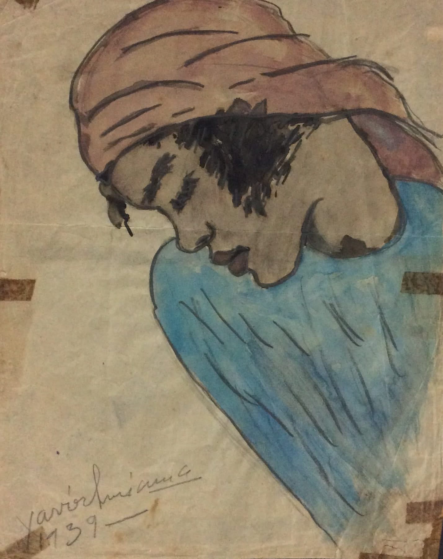 Xavier Amiama (1910-Haïti 1969) 10"X8" SANS TITRE 1939 Encre de crayon de couleur sur papier dessin #21MFN