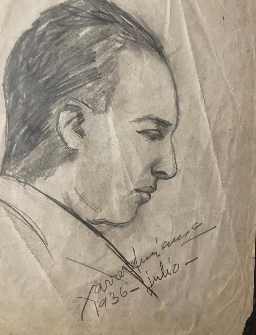 Xavier Amiama (1910-1969) 10.5"x7" El comulgante 1939 Dibujo a lápiz y tinta sobre papel #1MFN