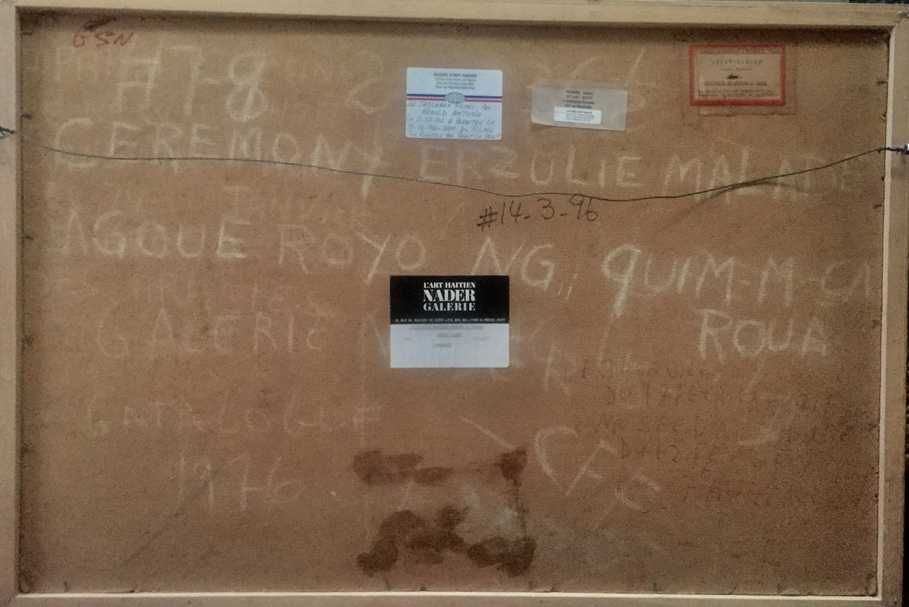 Andre Pierre (1914-2005) 24"x36" "Ceremonie Erzulie Malade" 1972 Óleo sobre tabla #14-3-96MFN