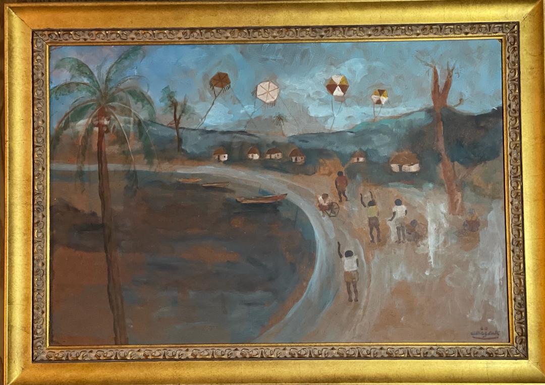 Harry Jacques (Arijac) 24"x36" Cometas en la playa c1970 Acrílico sobre tabla #1HL