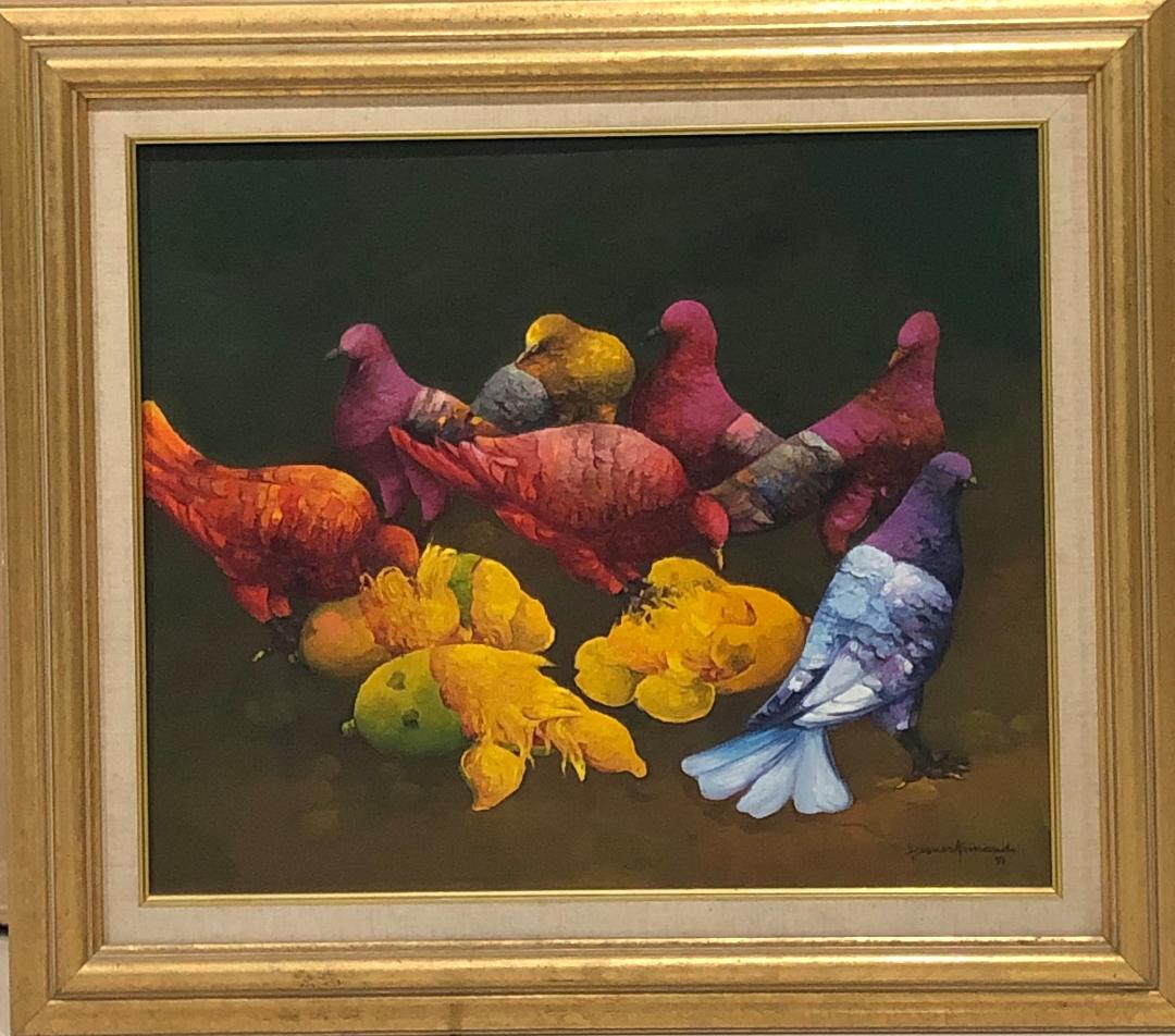 Gesner Armand (1936-2008) 20"x24" Palomas comiendo mangos 1991 Óleo sobre lienzo Enmarcado #3FC