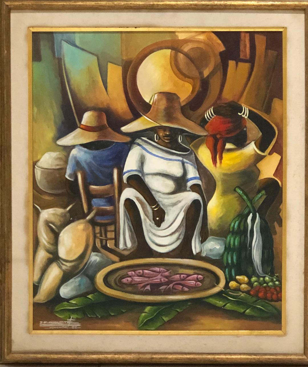 Jean Pierre Auguste 24"x20" Vendedor de pescado en el mercado Óleo sobre lienzo Enmarcado #5FC