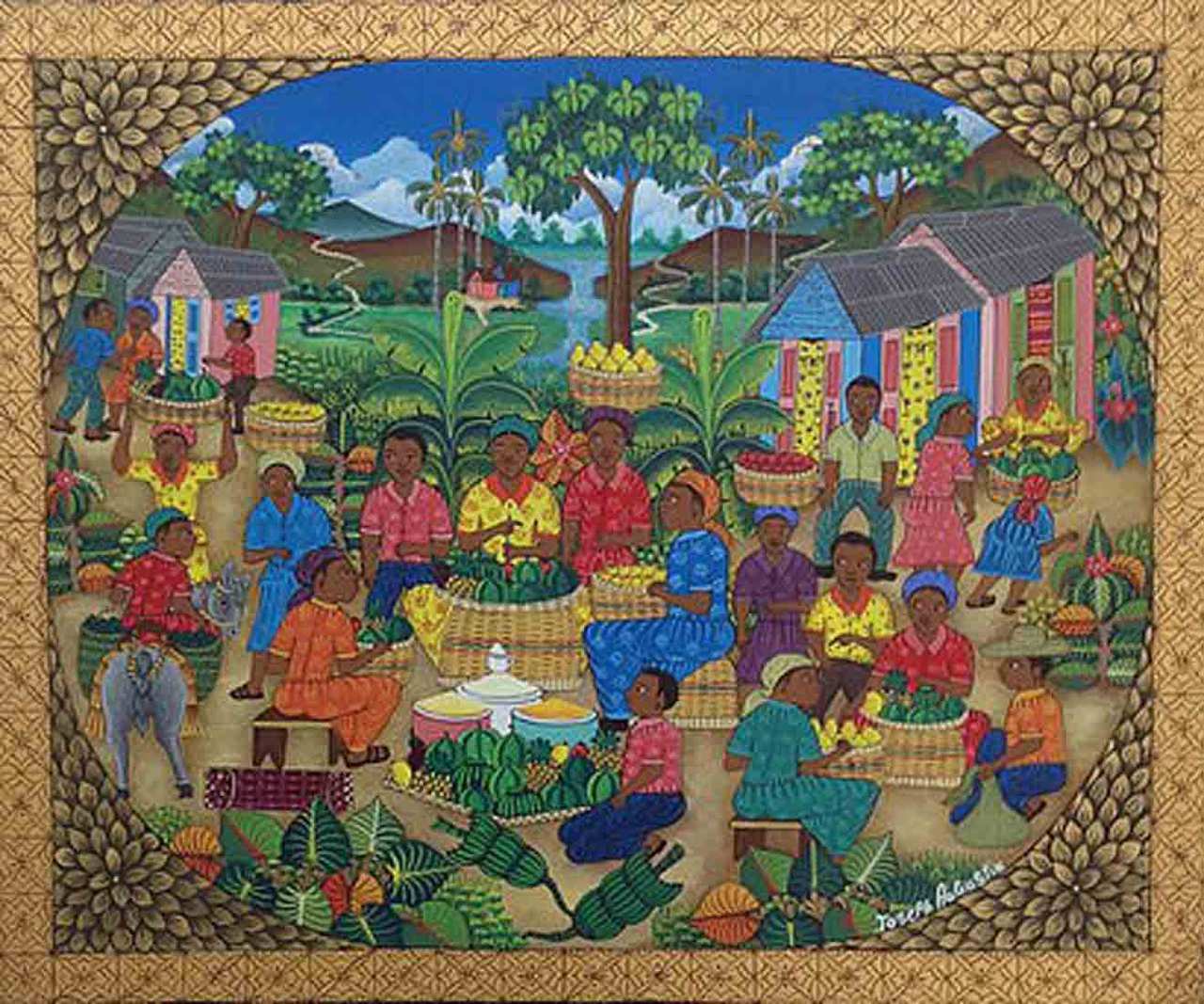 Joseph Augustin 20"x24" Scène de marché Huile sur toile #1301GN-HA - Épuisé