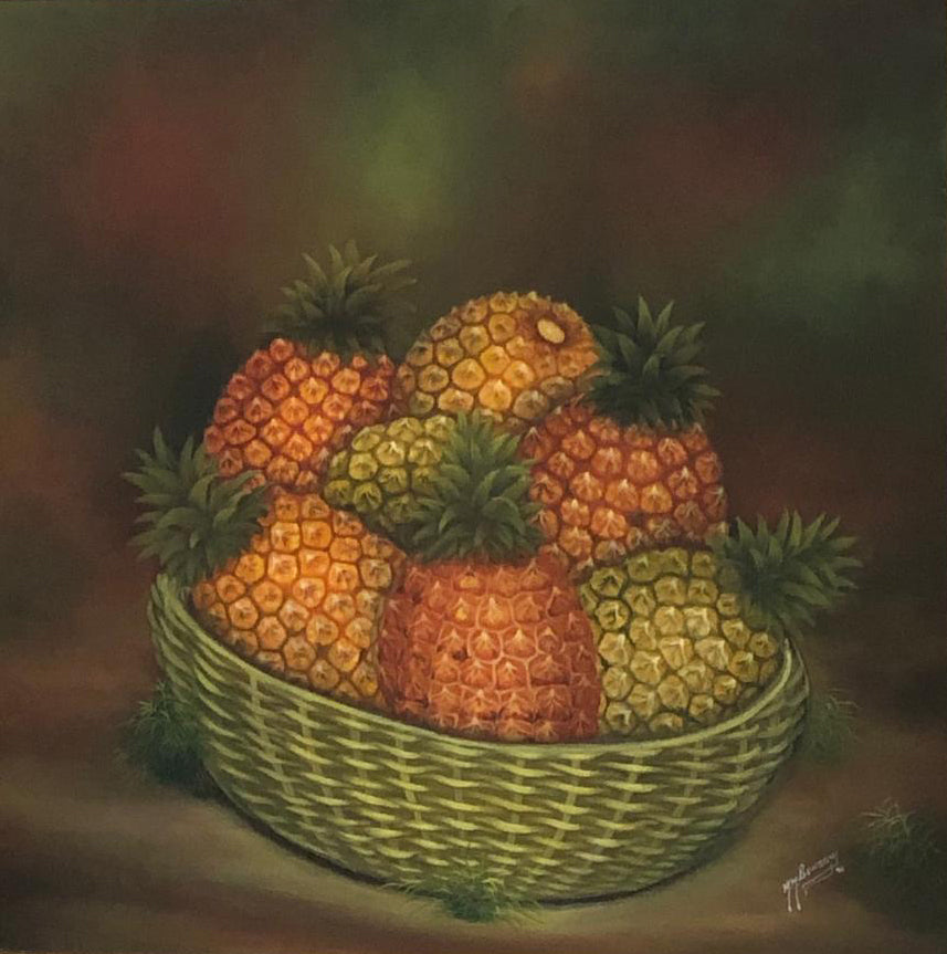 Benson Myrtil 26"x26" Still Life/Piñas 1992 Acrílico sobre lienzo Enmarcado #1FC