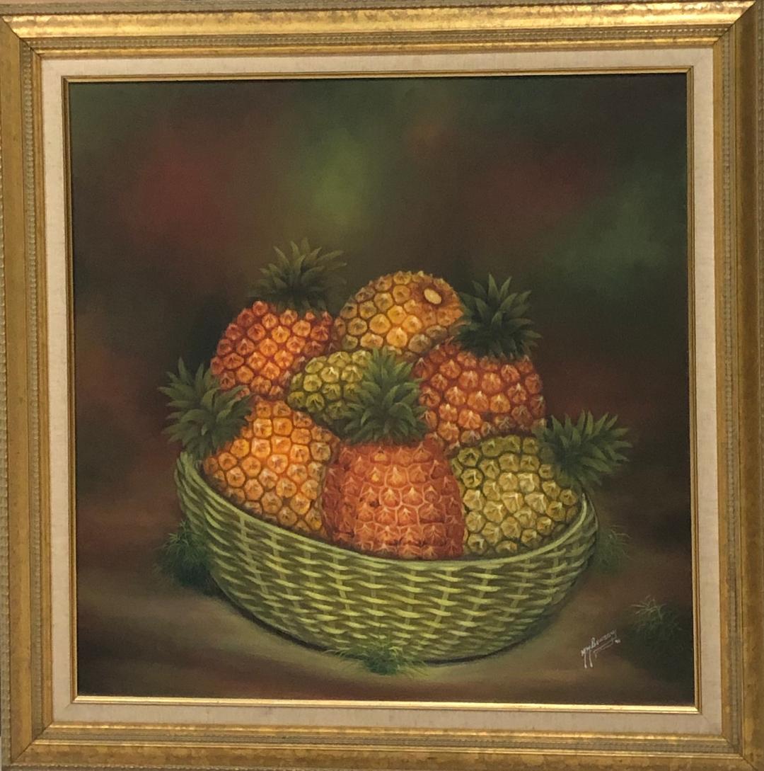 Benson Myrtil 26"x26" Still Life/Piñas 1992 Acrílico sobre lienzo Enmarcado #1FC