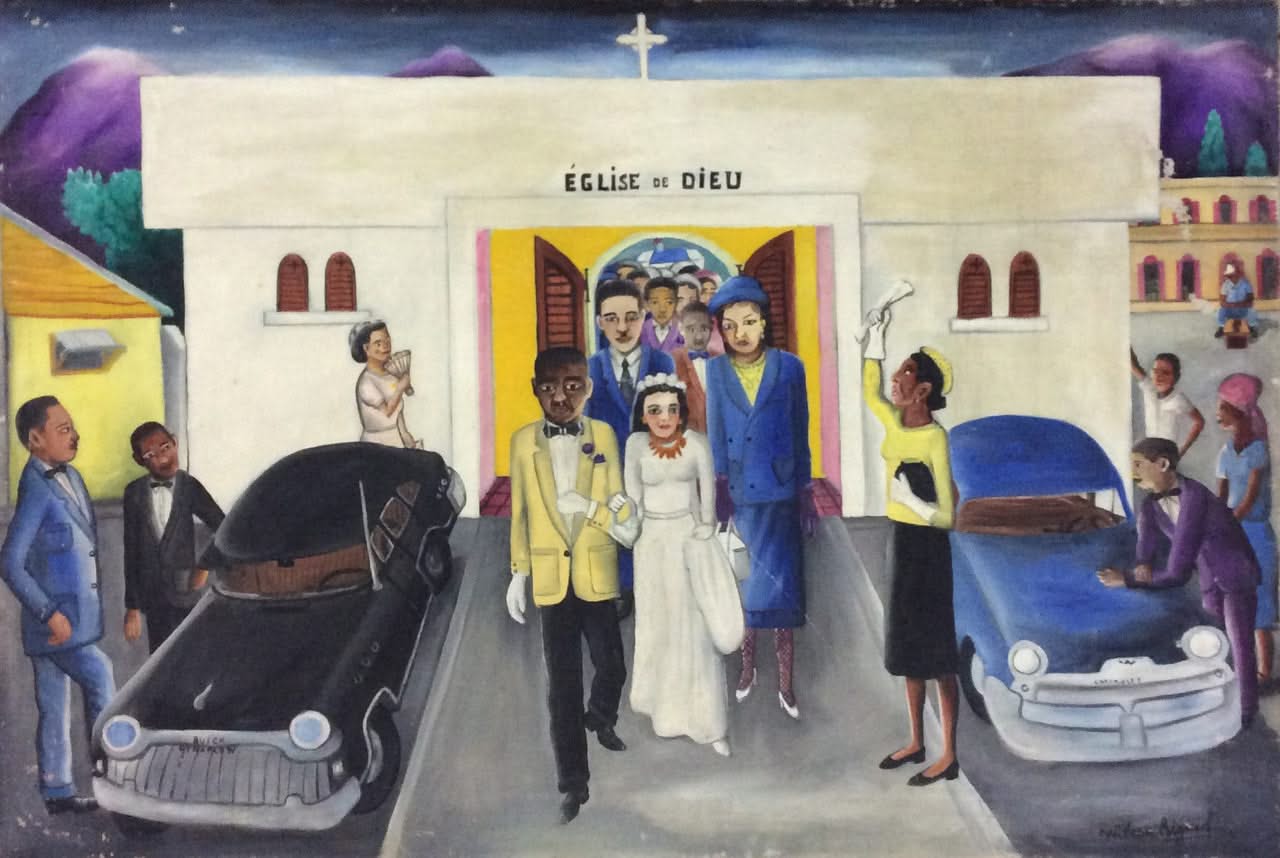 Wilson Bigaud (1931-2010) 20"x30" "Marriage a l'Eglise de Dieu" c1970 Oil on Canvas #2-2-95MFN