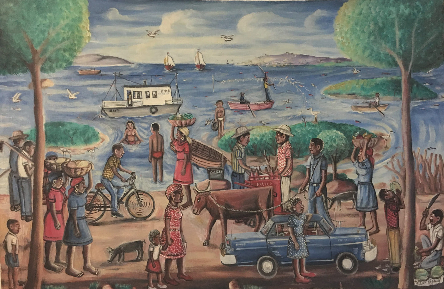Wilson Bigaud (1931-2010) 24"x36" Port provincial 1998 Huile sur toile #1EB