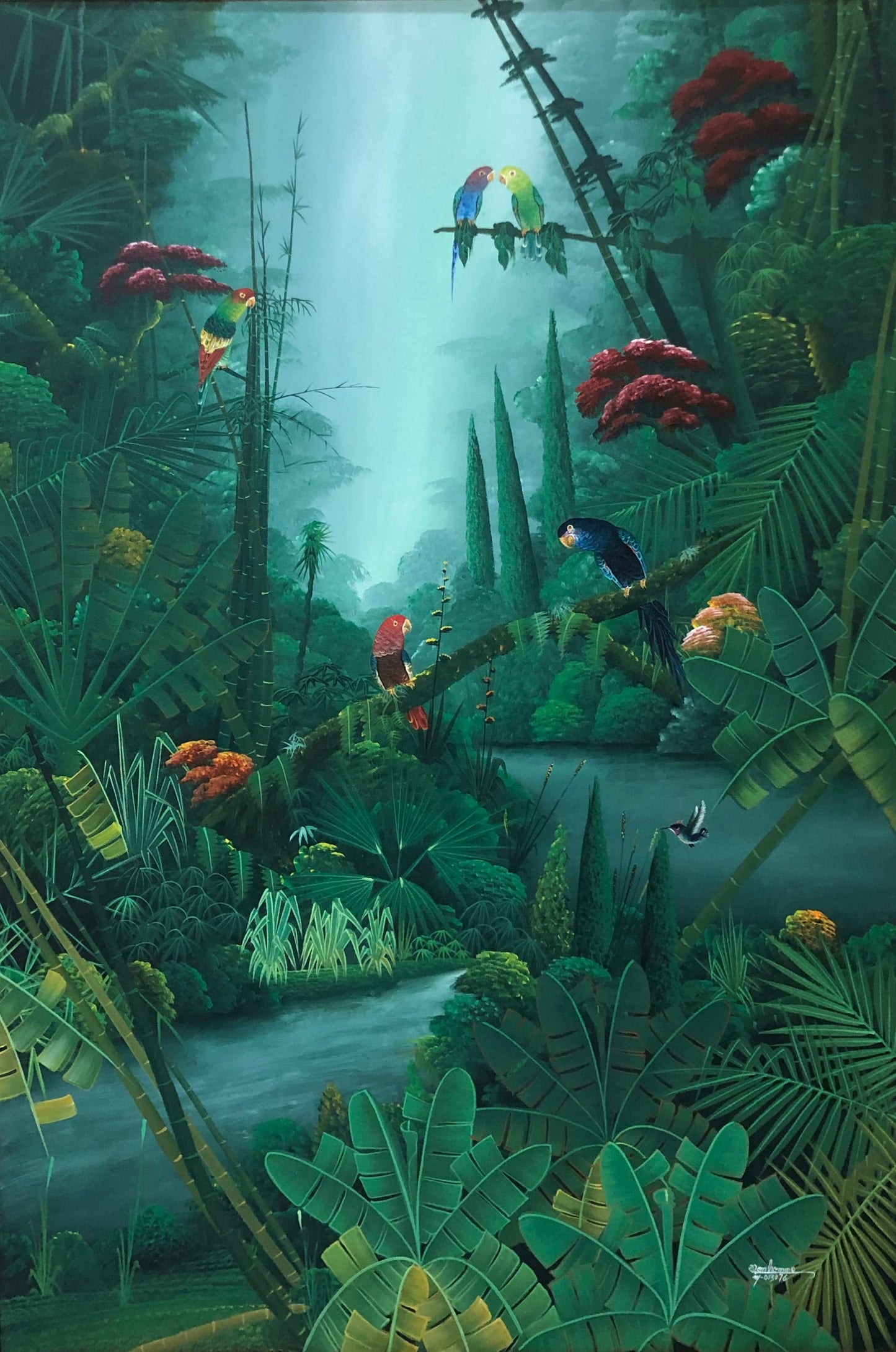 Albott Bonhomme 60"x40" Oiseaux & Rivière Acrylique sur Toile #4-1-88-HA