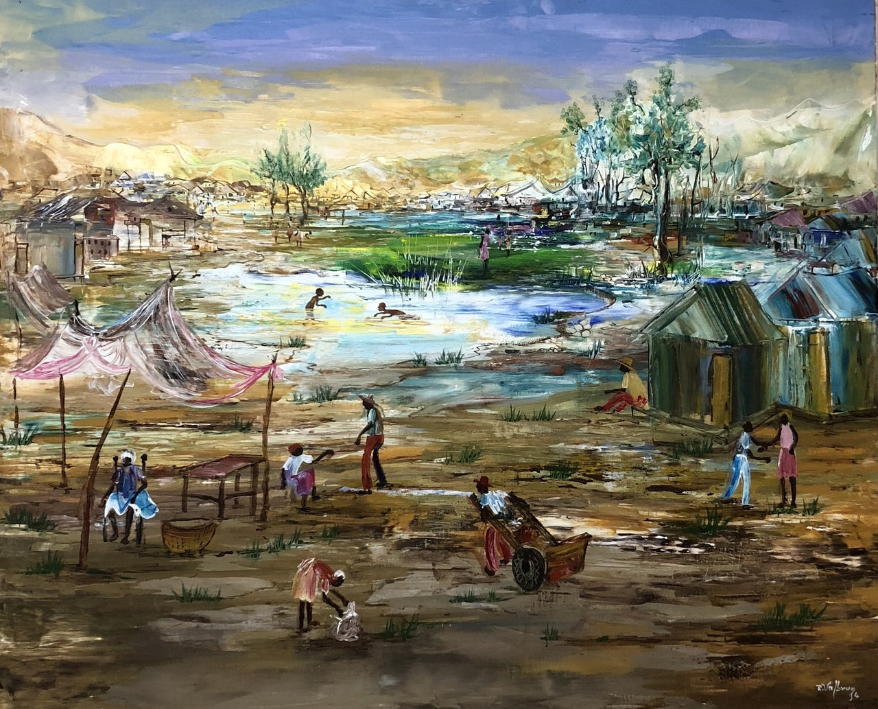 Reginald Valbrun 20"x24" Village 1994 Acrílico sobre lienzo #MLB