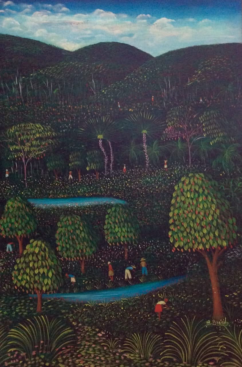 Henri-Robert Brésil 1980 oil on canvas depicting Haitian farmers working in lush green fields with winding river and mountain landscape, 36 x 24 inches.