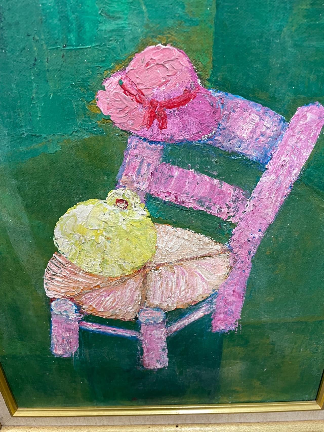 Calixte Henry (1933-2010) 16"x12" Silla/ Paloma Acrílico sobre Lienzo #1MFN- Enmarcado