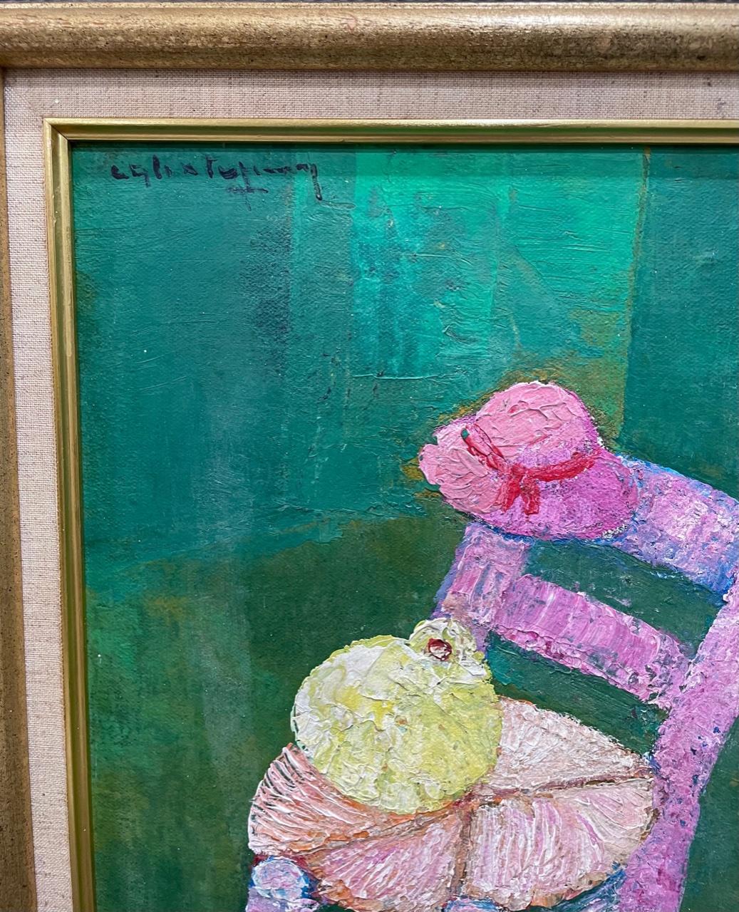 Calixte Henry (1933-2010) 16"x12" Silla/ Paloma Acrílico sobre Lienzo #1MFN- Enmarcado