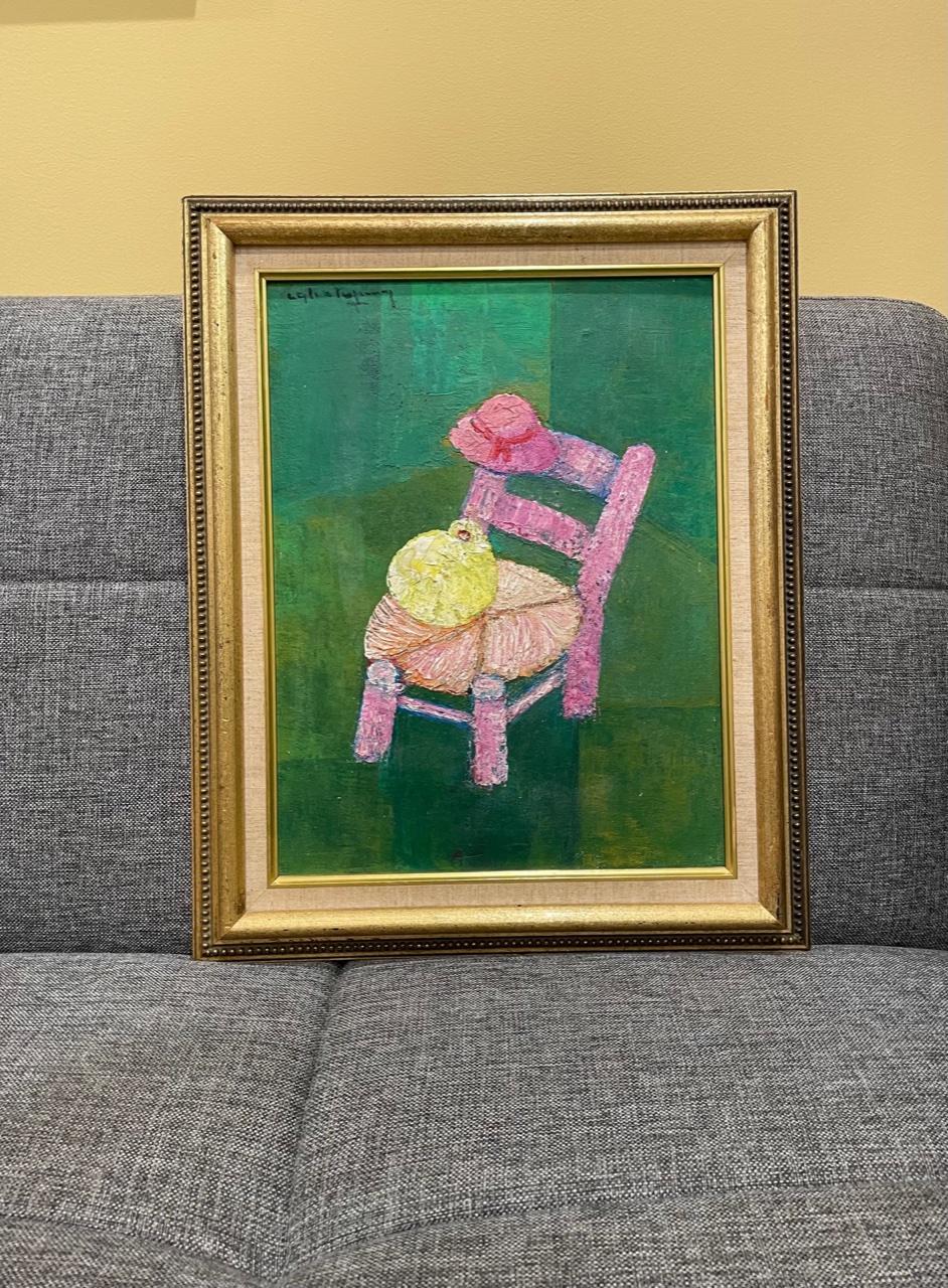 Calixte Henry (1933-2010) 16"x12" Silla/ Paloma Acrílico sobre Lienzo #1MFN- Enmarcado