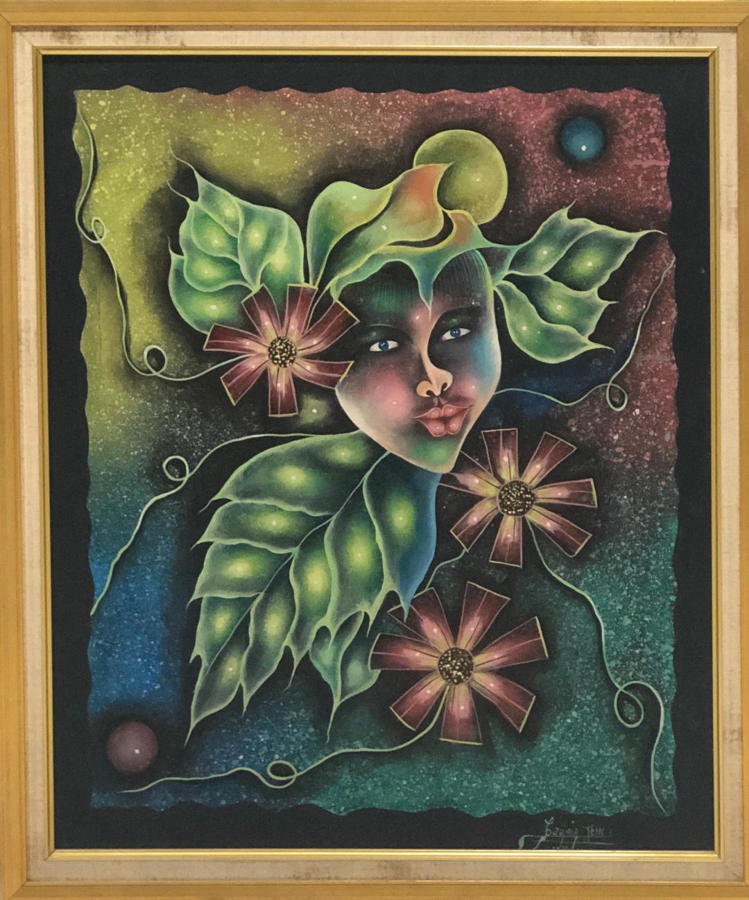 Casimir Jean 24"x20" Máscara y hojas Óleo sobre lienzo Enmarcado #1FC