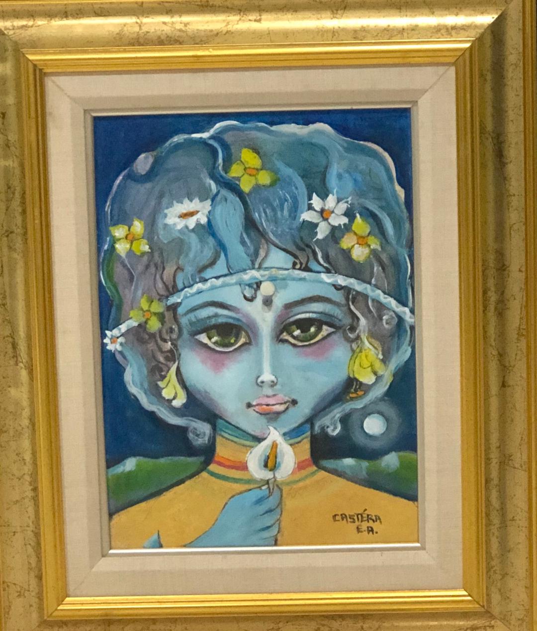 Jean-Claude Castera 15"x10" Chica con flor Acrílico sobre Masonite Enmarcado #3FC