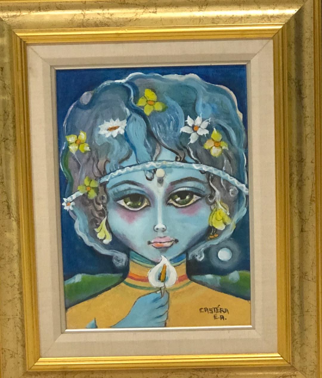 Jean-Claude Castera 15"x10 » Fille avec fleur acrylique sur Masonite encadré #3FC