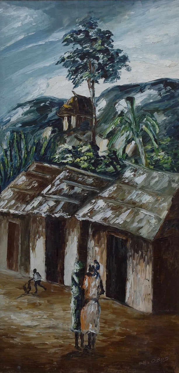 Charles Obas (1927-1969) 24"x12" Conversación Óleo sobre Masonite #2310-GN-HA