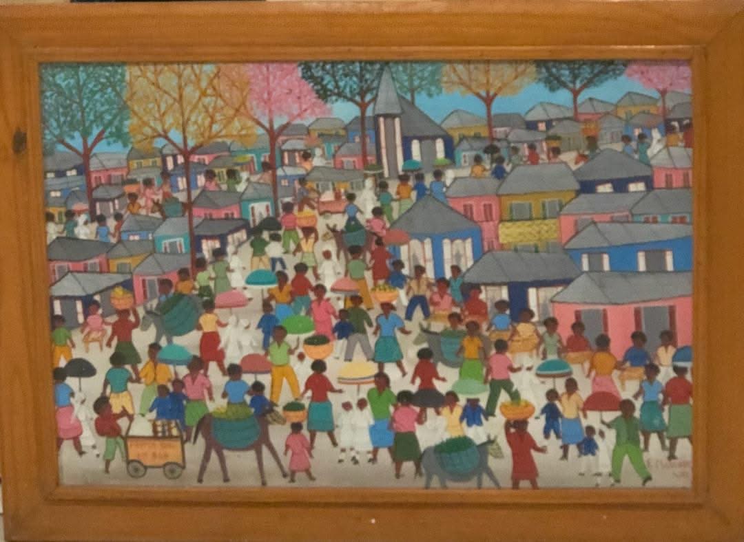 Etienne Chavannes (1939-2018) 16"x24" Escena de pueblo Óleo sobre lienzo Enmarcado #1FC