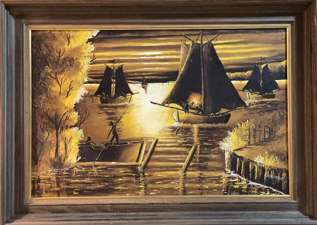 Decourcelle Gourgue 30"x32" Pescadores en la noche c1980 Óleo sobre lienzo #1HL