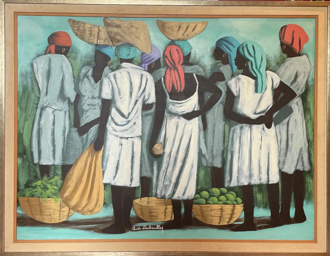 Claude Dambreville (1934-2021) 36"x48" Día de mercado ajetreado c1990 Acrílico sobre lienzo #1HL