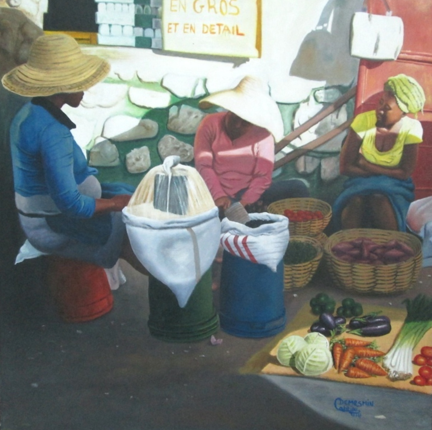 Demesmin Cabrini 30"x30" Scène de marché Acrylique sur toile #J33-HA