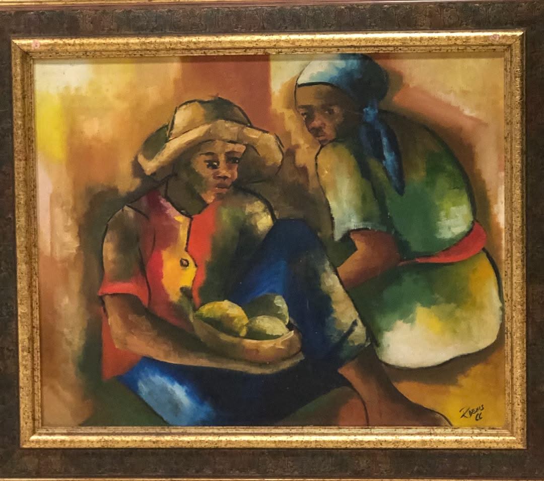 Raphael Denis (1934-2012) 24"x30" Deux marchands 1966 Huile sur toile encadrée #1FC