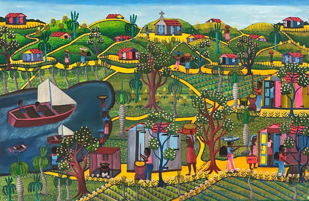 Jean L. Desir 24"x36" Village Scene C1980 Óleo sobre lienzo #1-2-95MFN