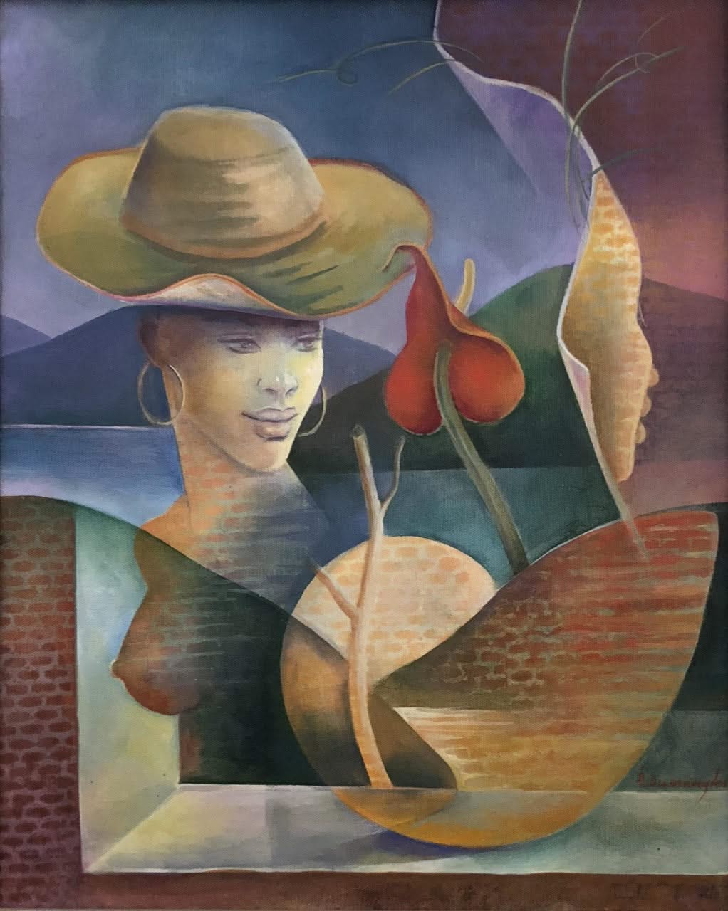 Albert Desmangles 20"x16" Dame au chapeau 2017 Acrylique sur toile #1MFN