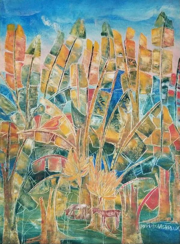 Nicolas Dreux (1956-2021) 24"x18" Cabras bajo los árboles 2021 Acrílico sobre lienzo #1JN-HA