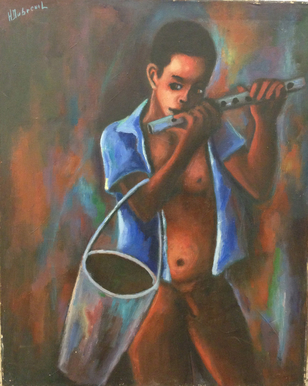 Henry Dubreuil 30"x24" 1980 Grado A "Flautista" Óleo sobre lienzo #1-2-95MFN