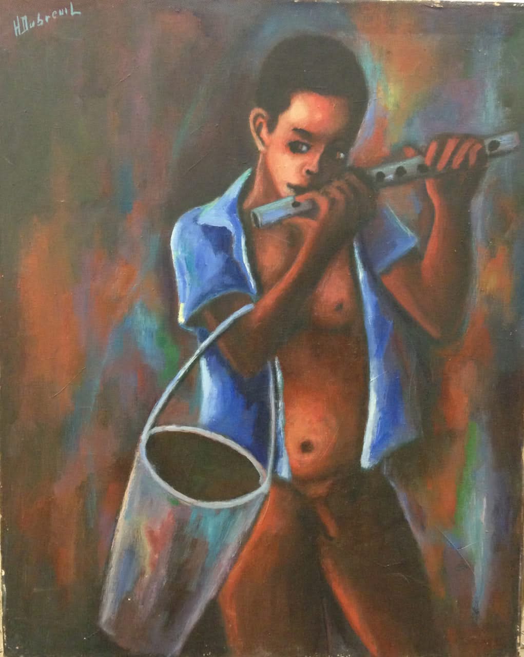 Henry Dubreuil 30"x24 » 1980 Grade A « Joueur de Flûte » Huile sur toile Peinture #1-2-95MFN