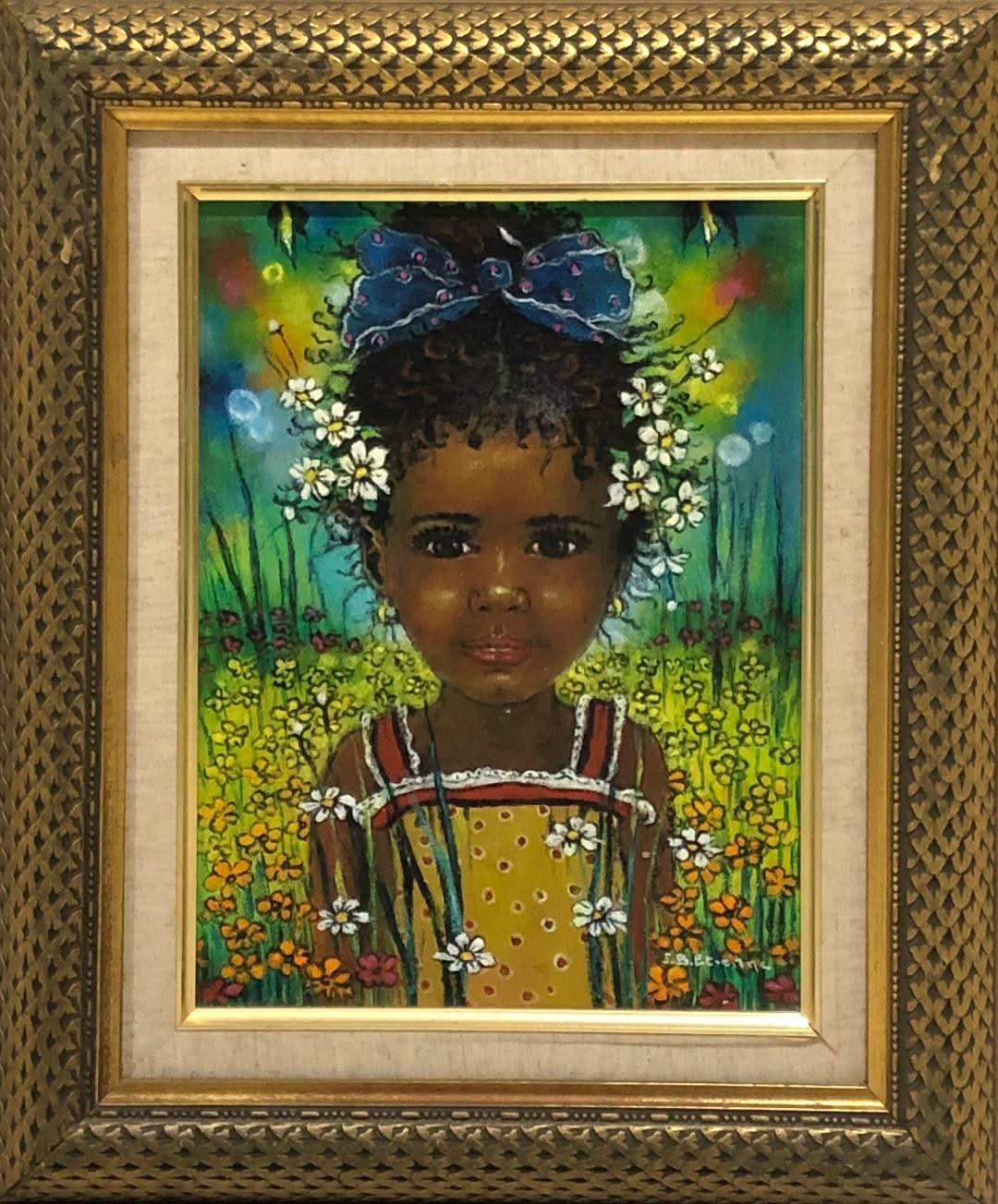 Jean-Bernard Etienne (1952-2019) 16"x9" Petite fille dans la prairie Acrylique sur toile encadrée #1FC