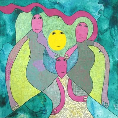 Levoy Exil 38"x38 » Trois esprits et le soleil 2014 Acrylique sur toile #J312
