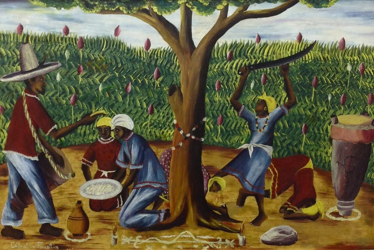 Célestin Faustin Vodou ceremony painting with figures performing ritual offerings beneath a sacred tree, oil on masonite, Haitian art.