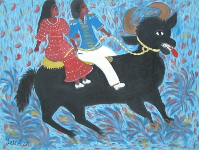 Gerard Fortune 30"x40 » Le couple sur un taureau acrylique sur toile #J114