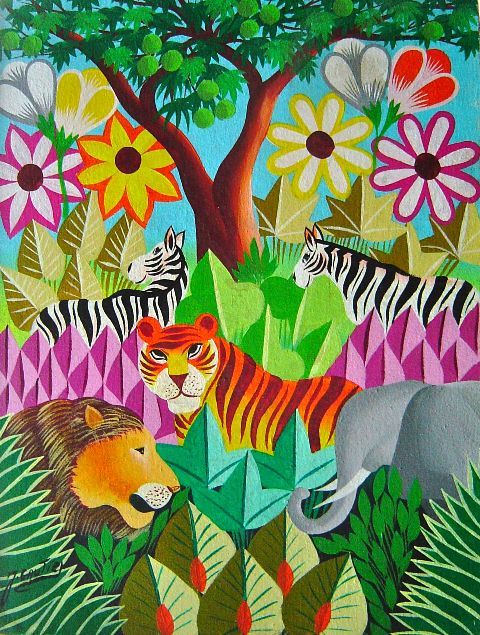 Joel Gauthier 16"x12" Escena de la selva c1980 Óleo sobre lienzo #1-2-95MFN