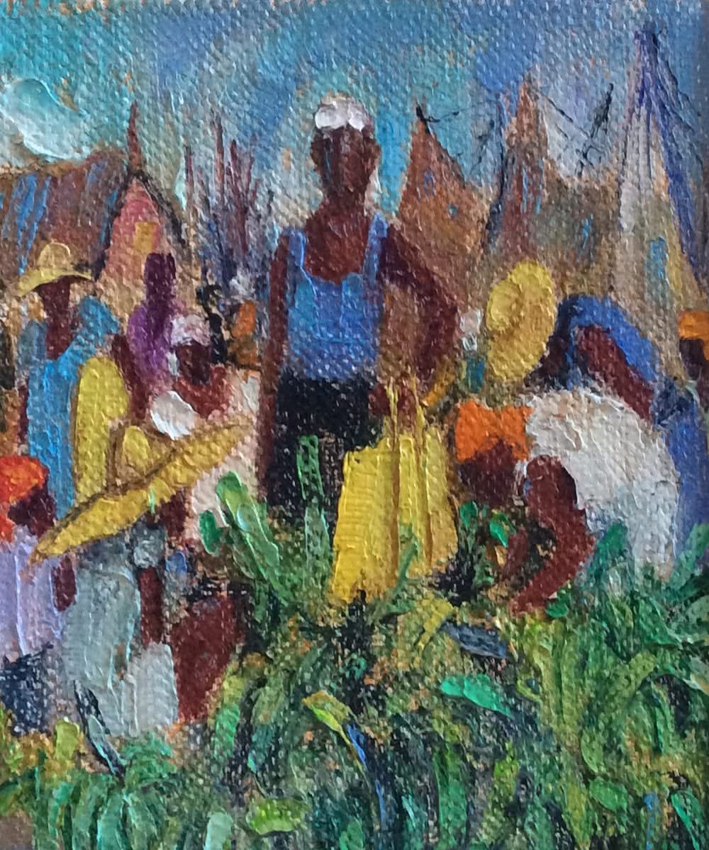 Eric Girault 7.5"x7.5" 2006 "Los vendedores de plátanos" Óleo a bordo #10EG