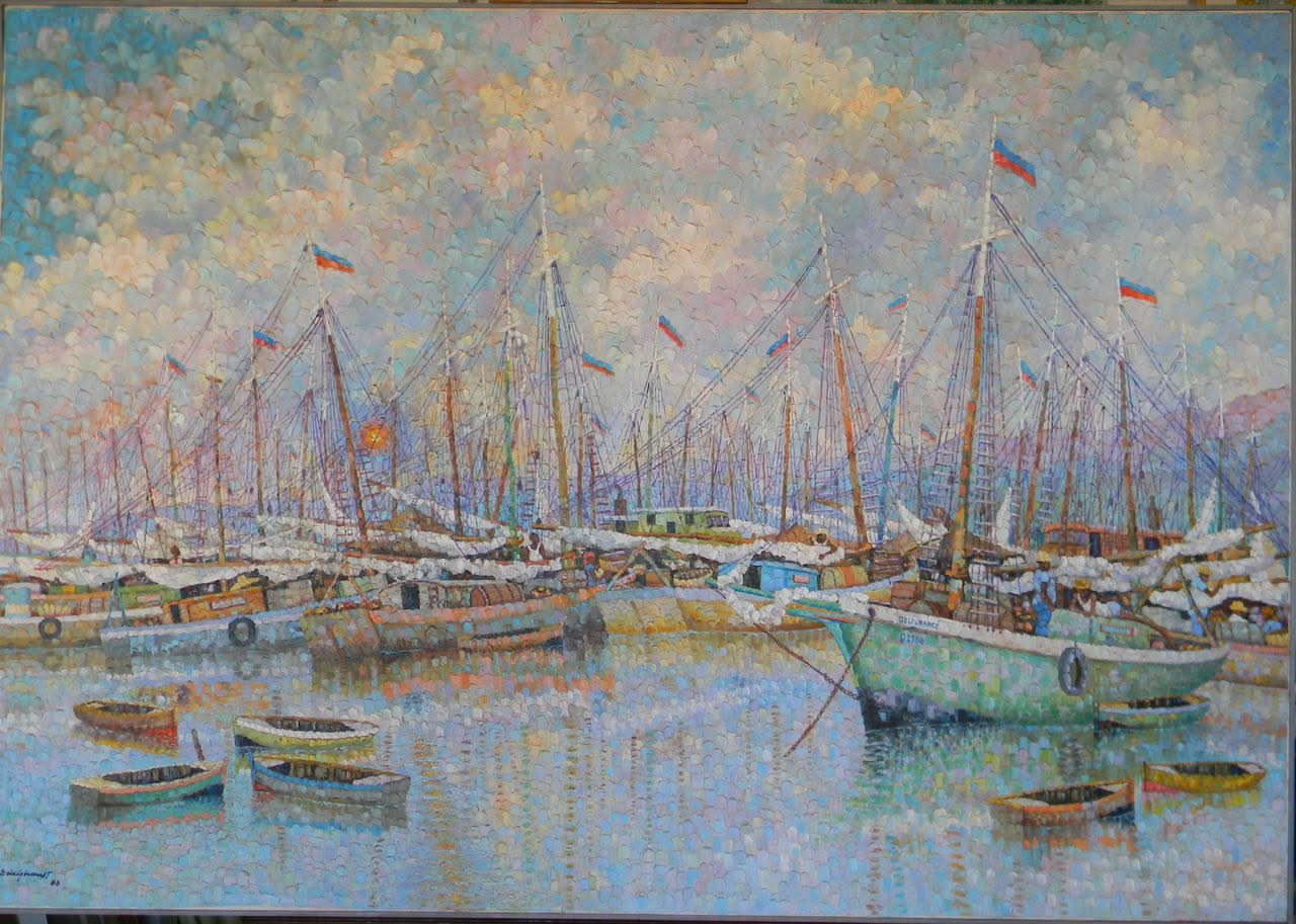 Eric Girault 42"x64" 1988 "Dimanche au Port" Huile sur toile #23EG