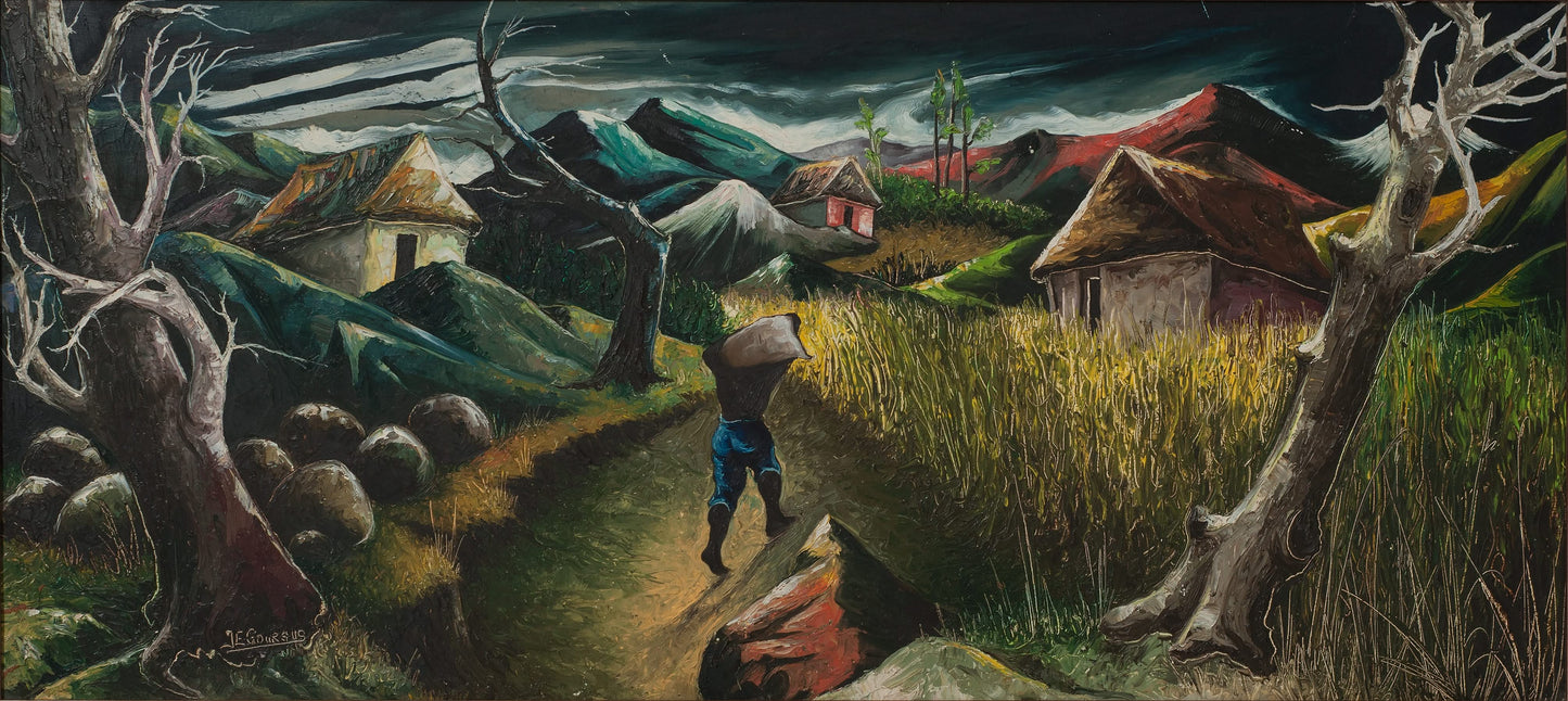 Jacques Enguerrand Gourgue 18"x40" Le Transporteur c1960 Huile sur Tableau #63-96GN-HA