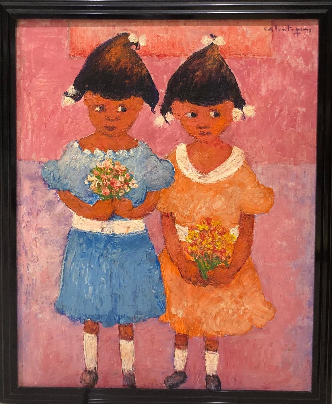 Calixte Henry (1933-2010) 20"x16" Dos niñas Acrílico sobre lienzo Enmarcado #2FC
