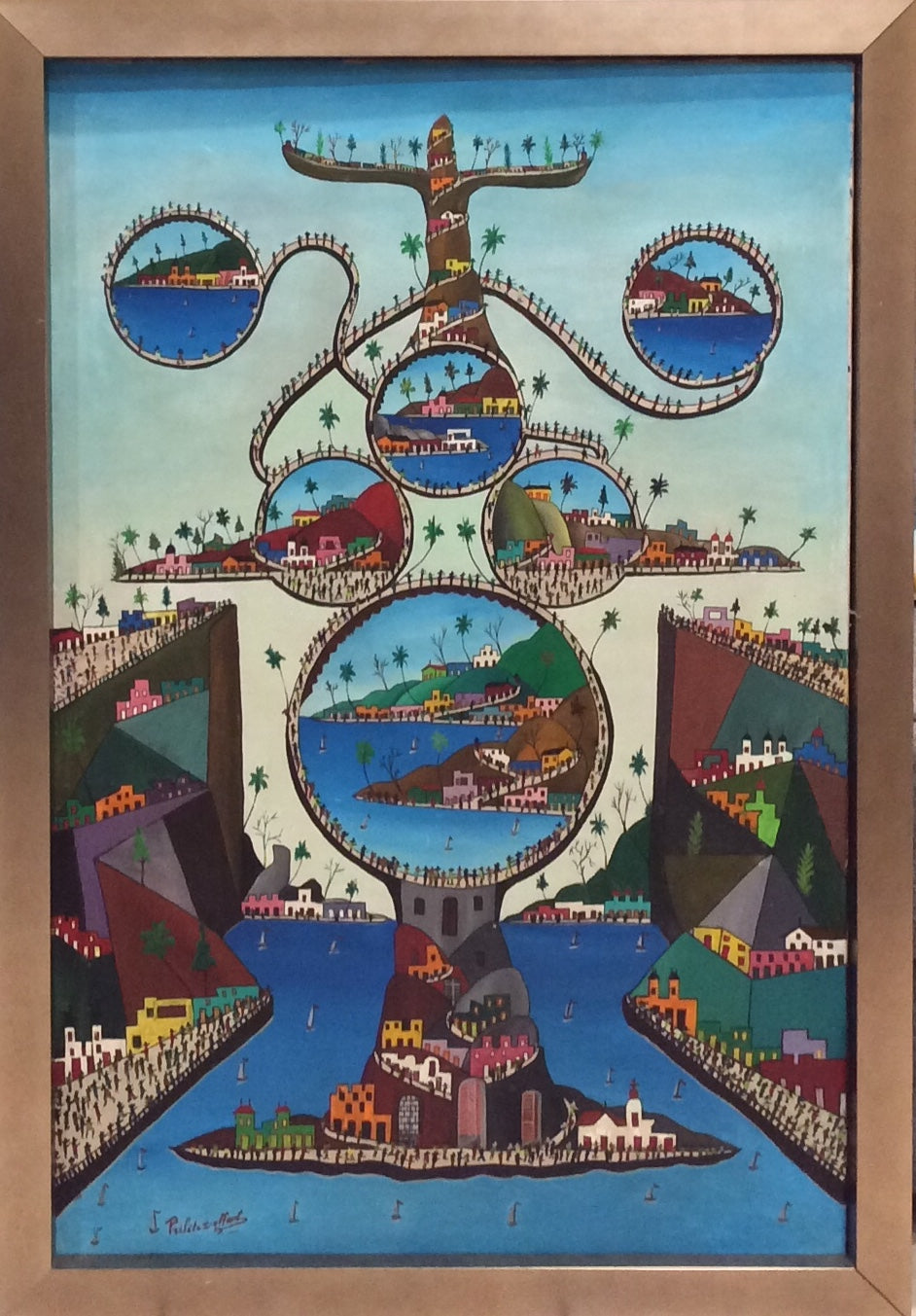 Prefete Duffaut (Haitiano, 1923-2012) "Ciudad imaginaria" Óleo sobre lienzo Pintura enmarcada 36"h X 24"w #94-3-96GSN-NY