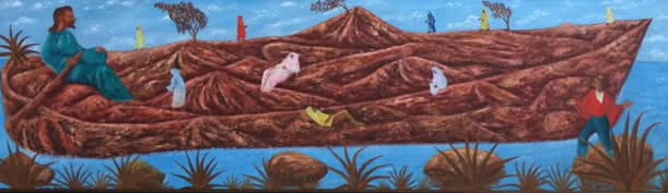 Jasmin Joseph (1923-2005) 14,50" x 51" Wonder Island 1967 Huile sur Masonite #1GSN-NY