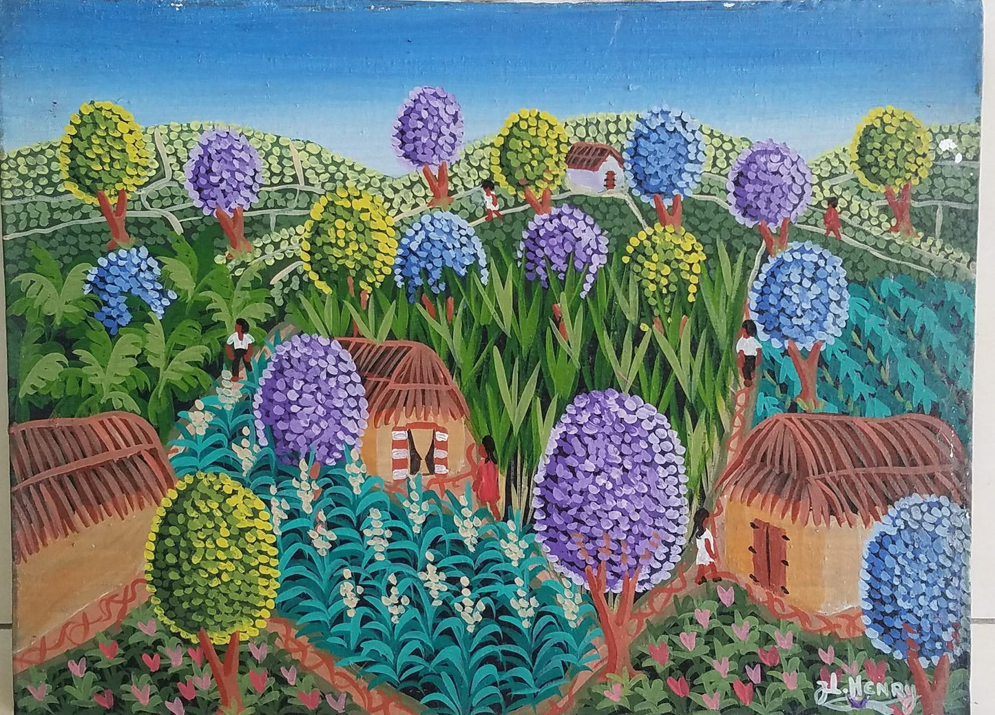 Jacques-Lionel (JL) Henry 12"x16" Scène rurale/ Quatre maisons C1980 Huile sur toile #8JN-HA