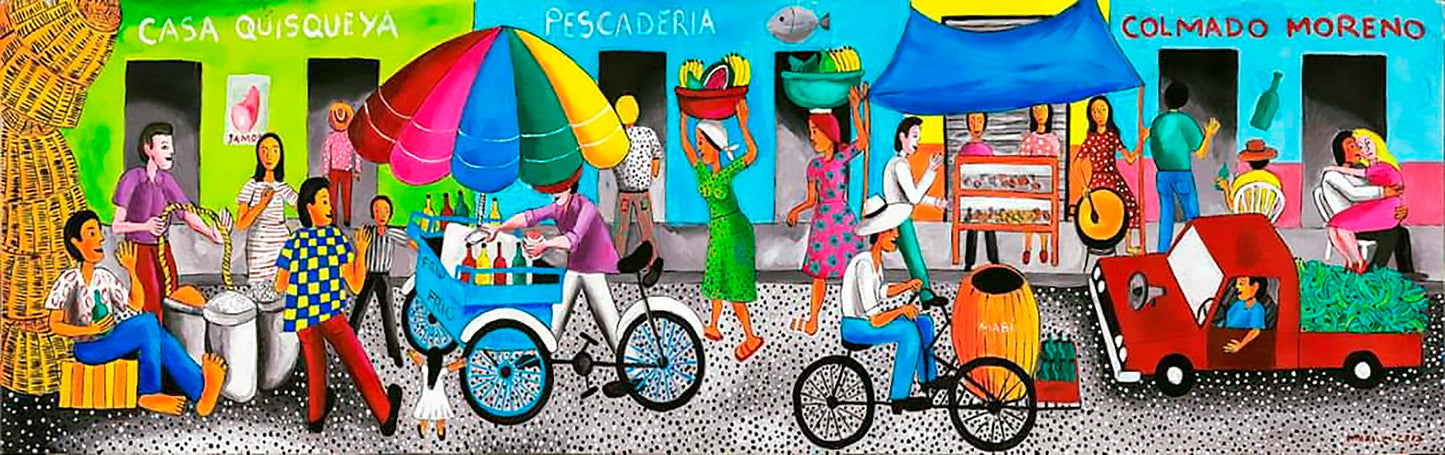 Jose Morillo 60"x20" Escena de Mercado 2013 Acrílico sobre Lienzo #23JM-DR