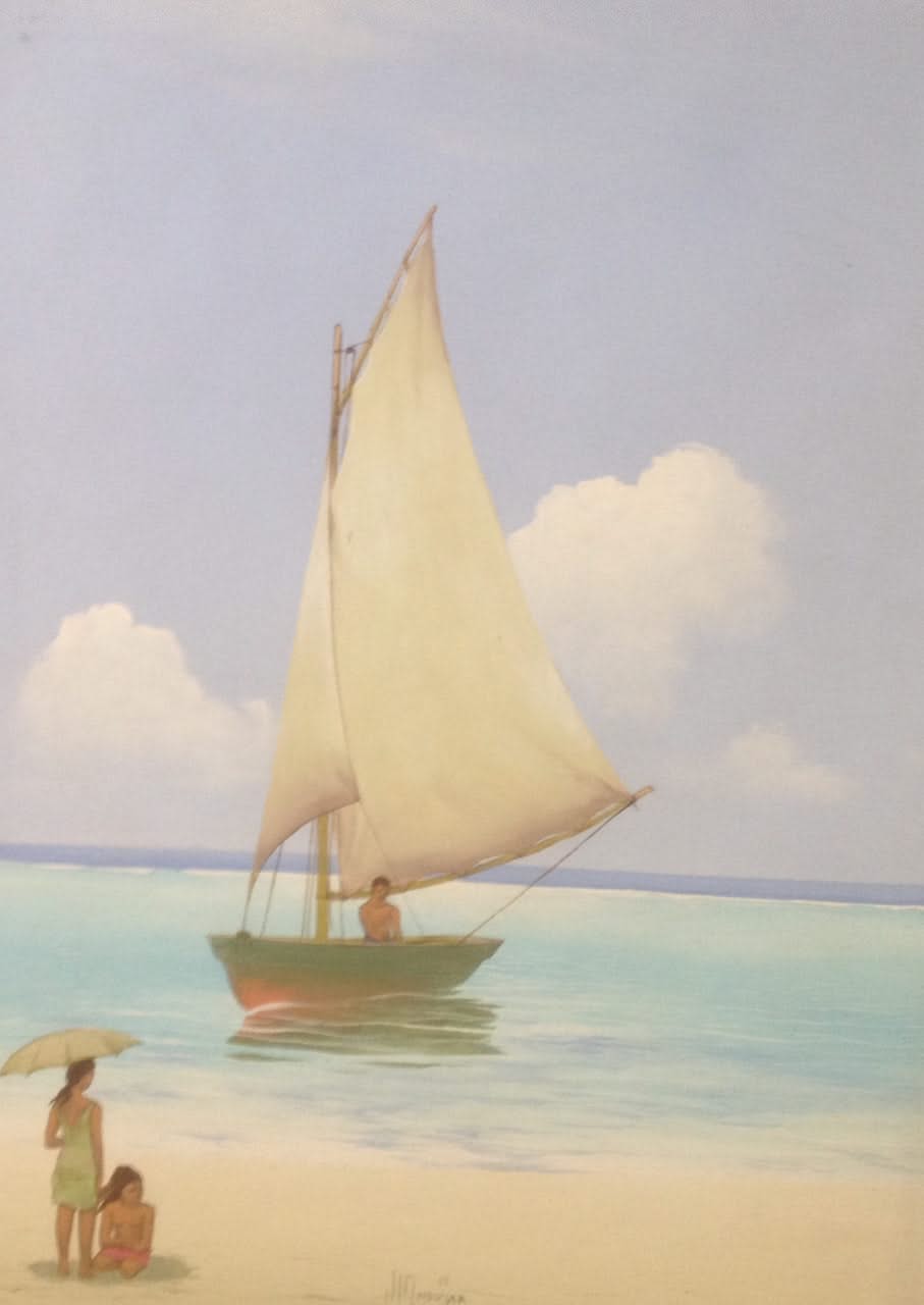 Juan Plutarco Andujar (1931-1995) 30"x 40" Pescador Y Ninas Huile sur toile #10FN