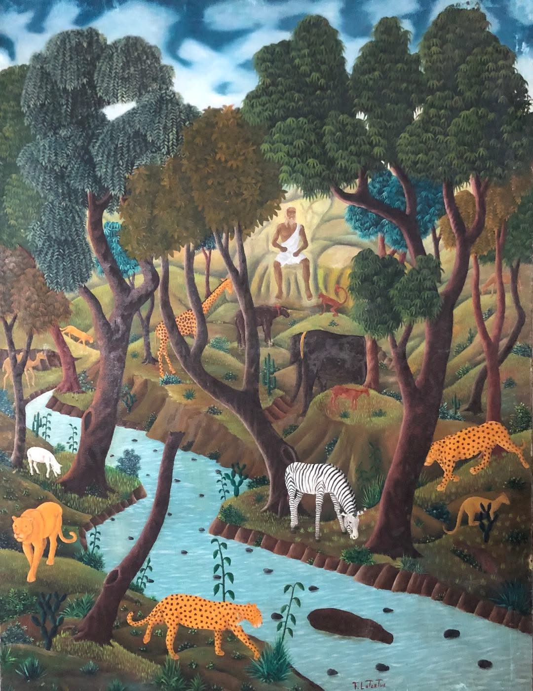 Franklin Latortue 36x48 Haitian Eden jungle painting with zebra, leopards, lion and river landscape, signed lower right.